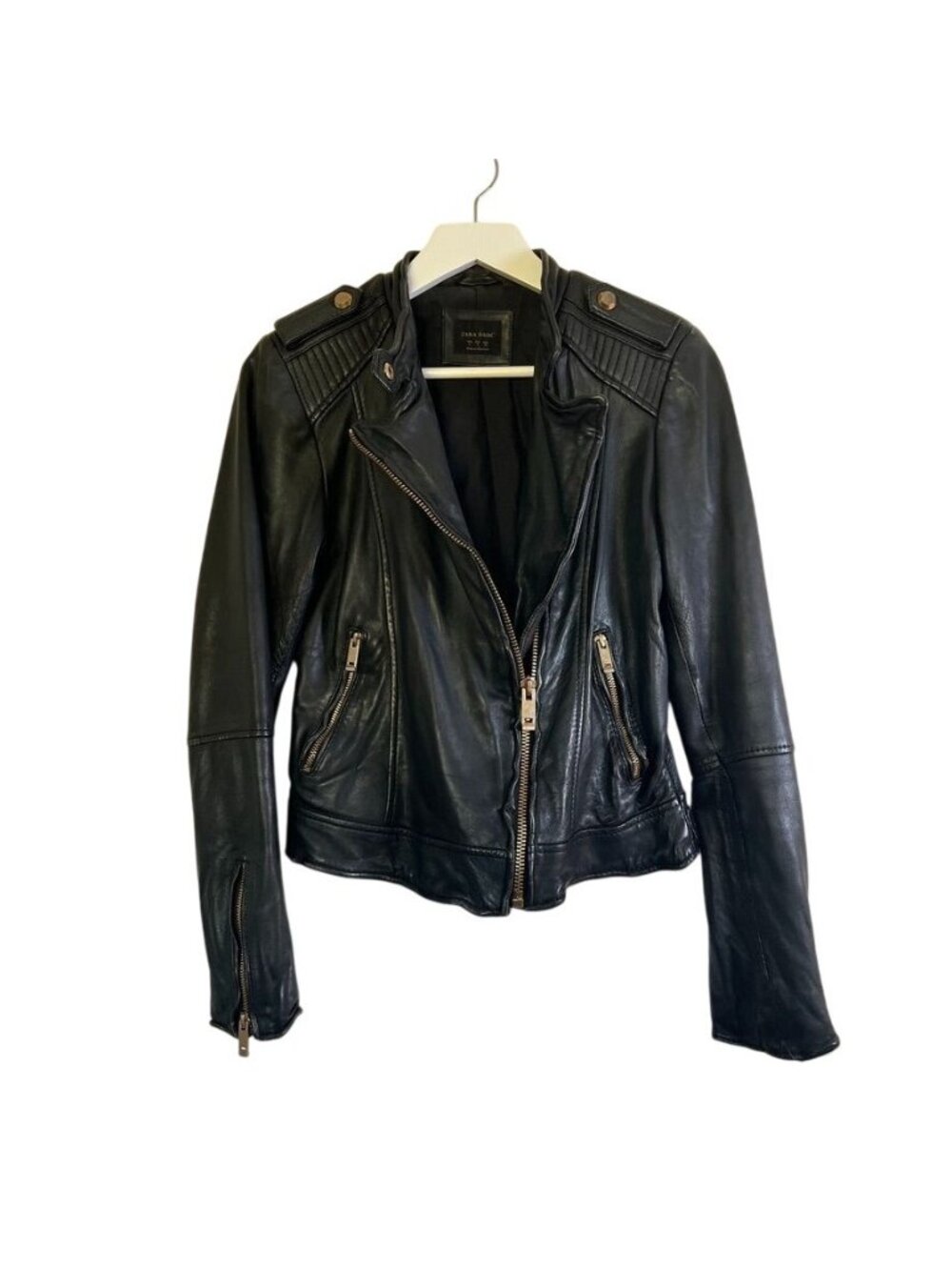 Zara Black Lamb Leather Moto Jacket Gold Hardware Quilted Biker Womens Sz Large - Picture 3 of 16